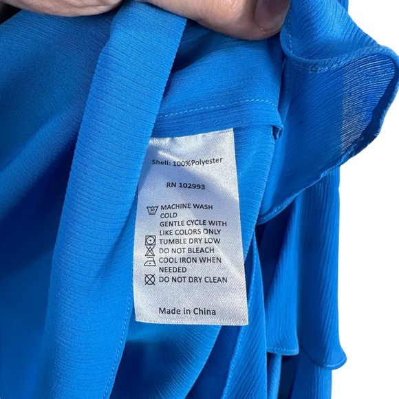 Prabal Gurung Blue Sheer Chiffon Tie Neck Bell Sleeve Blouse Size 4 - Picture 4 of 6